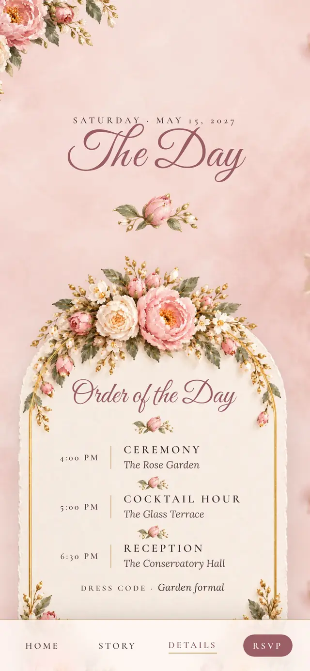 Blush Garden Rose design, Details page (demo couple Clara & Julian)